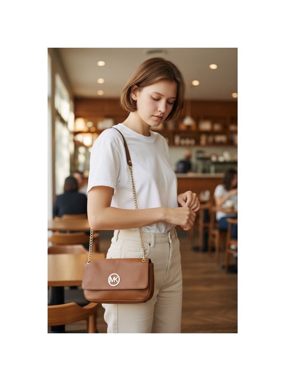 Michael Kors Brown Leather Convertible Crossbody Shoulder Bag Gold Chain